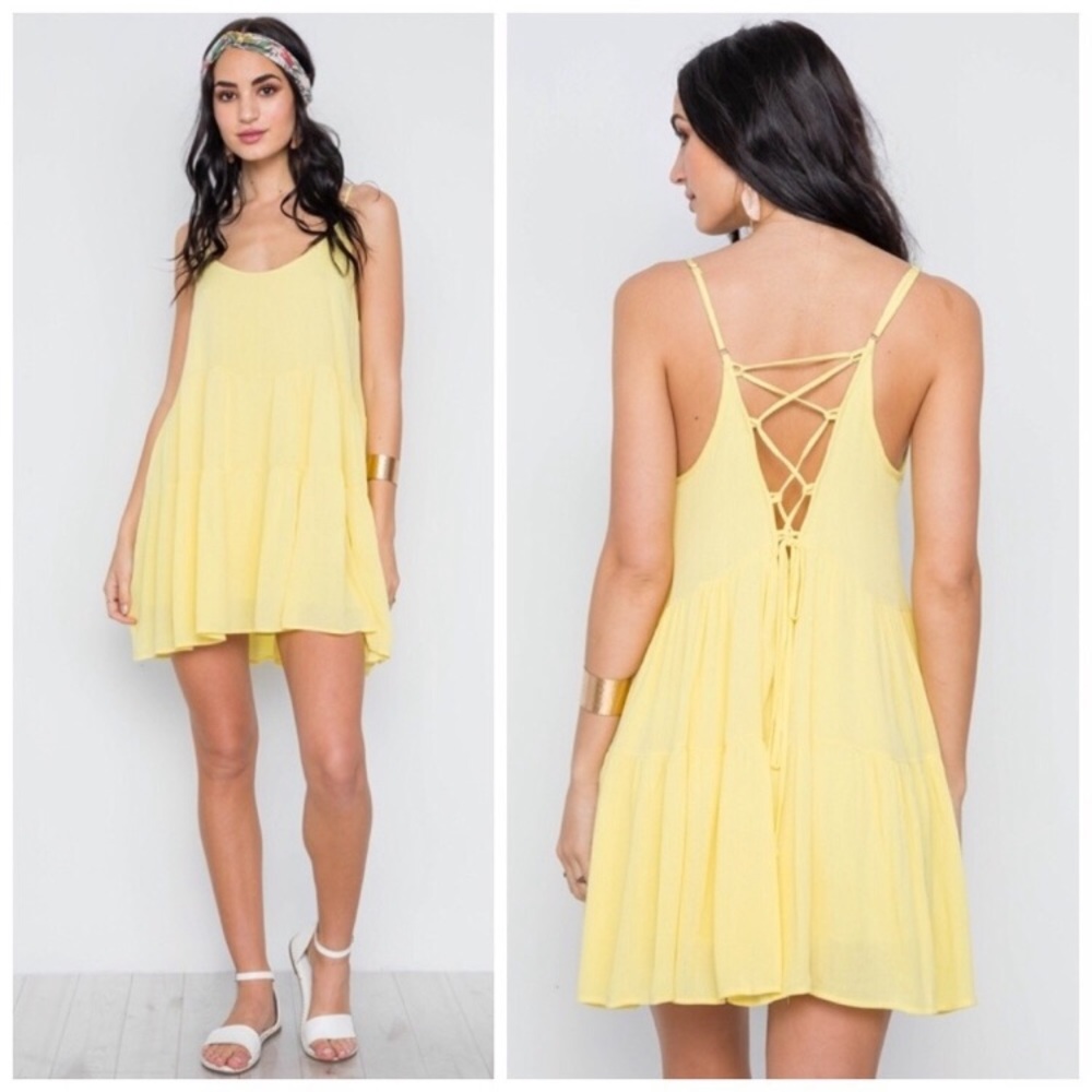 Yellow lightweight lace up floral dress